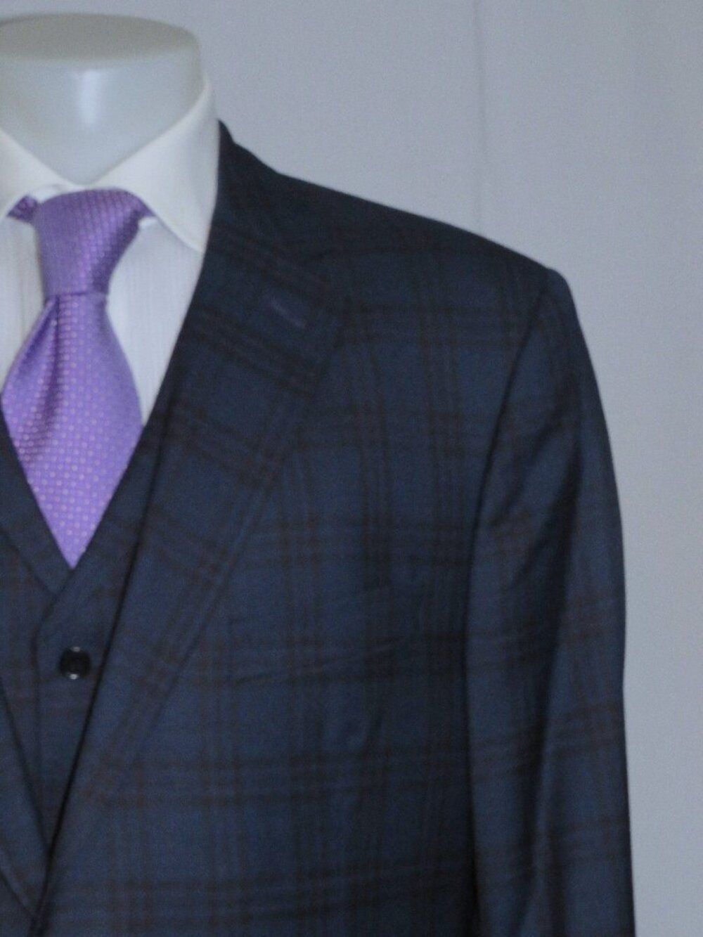 David August Couture Bespoke Blue Plaid Side Adjuster Three Piece Suit 42R